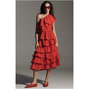Anthropologie Endless Rose One Shoulder Ruffled A Line Midi Dress Sz XS Red